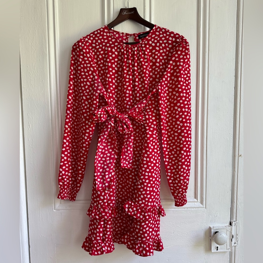 Boohoo Long Sleeve Polka Dot Ruffle Dress